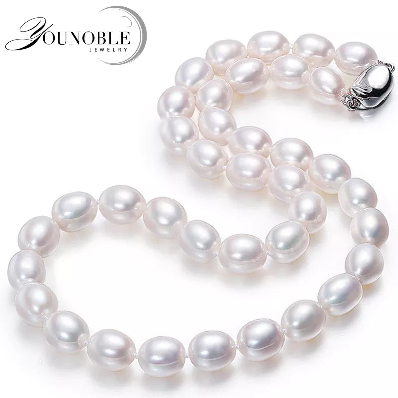 8-9mm Drop Shape.  White Freshwater Pearl Necklace.  Natural Flaws.  Silver Clasp.
