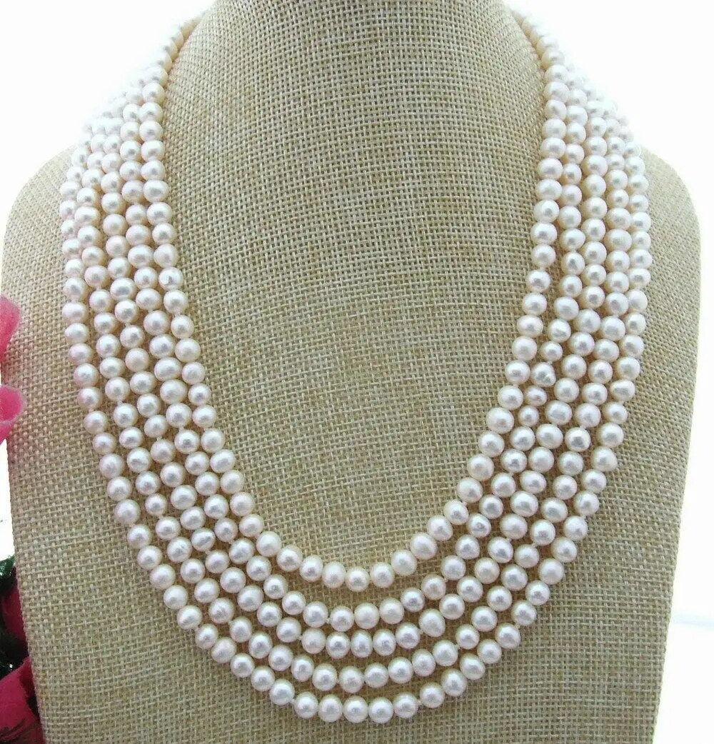 6mm Round.  White Freshwater Pearl Necklace.  5 Strands.   Natural Flaws.   Rhinestone Pave Clasp.