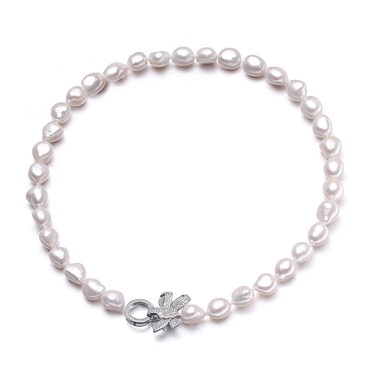 9-10mm Baroque.  White Freshwater Pearl Necklace.   Natural Flaws.   Silver Clasp.