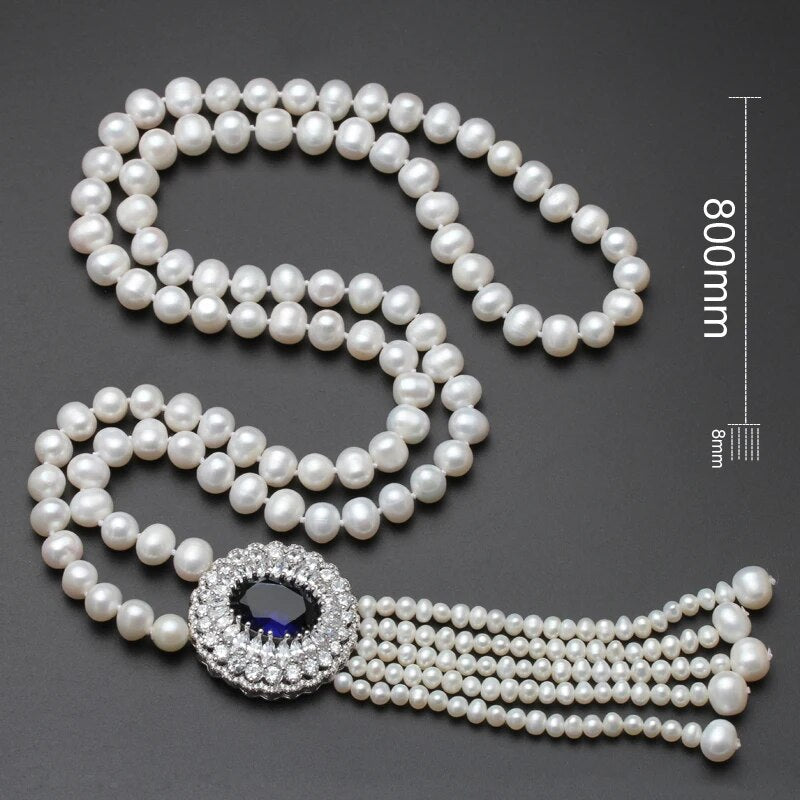 8-9mm Circled Baroque.  White Freshwater Pearl Long Necklace.   Natural Flaws.   With Tassel 4-5mm Pearl Cubic Zirconia Blue Crystal Pendant.