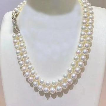 8-9mm Near Round.  White Freshwater Pearl Necklace.  Double Layer.  Natural Flaws.  Silver Connector.