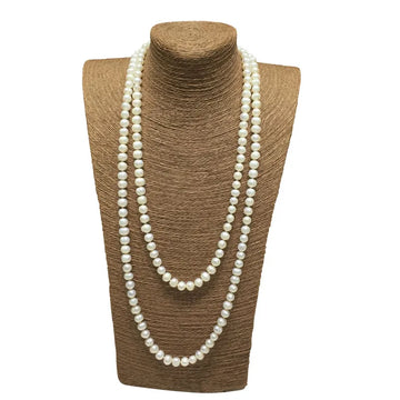 8-9mm, 9-10mm Circled Baroque.  White Freshwater Pearl Long Necklace.   Natural Flaws.