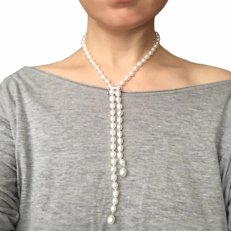 8-9mm Water Drop Shape.  White Freshwater Pearl Long Necklace.   Natural Flaws.   Silver Connector.